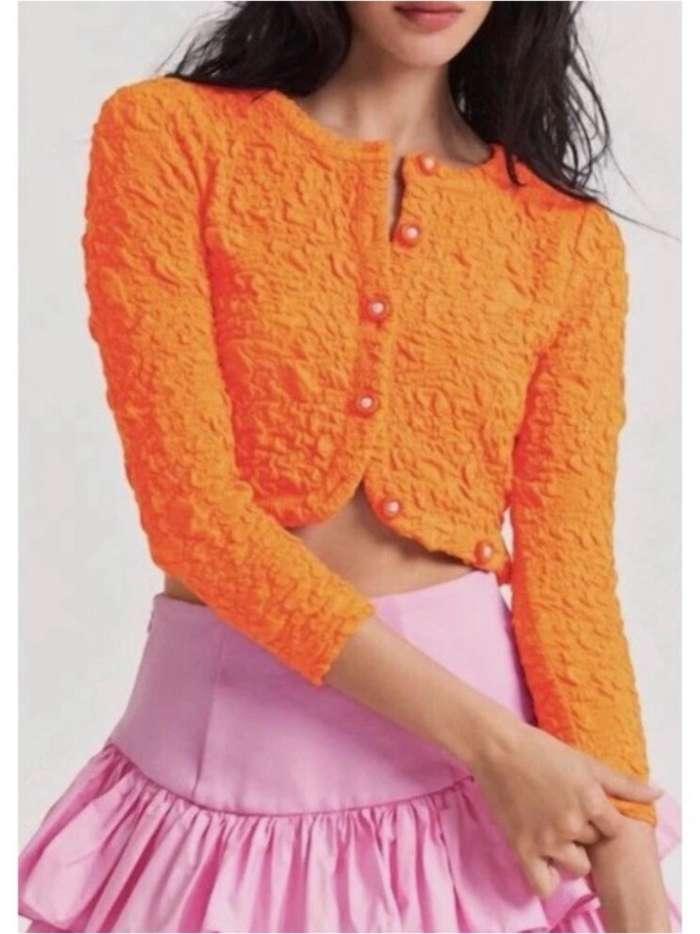 LoveShackFancy Senina Crinkled Cropped Cardigan Orange Tangerine Size XS